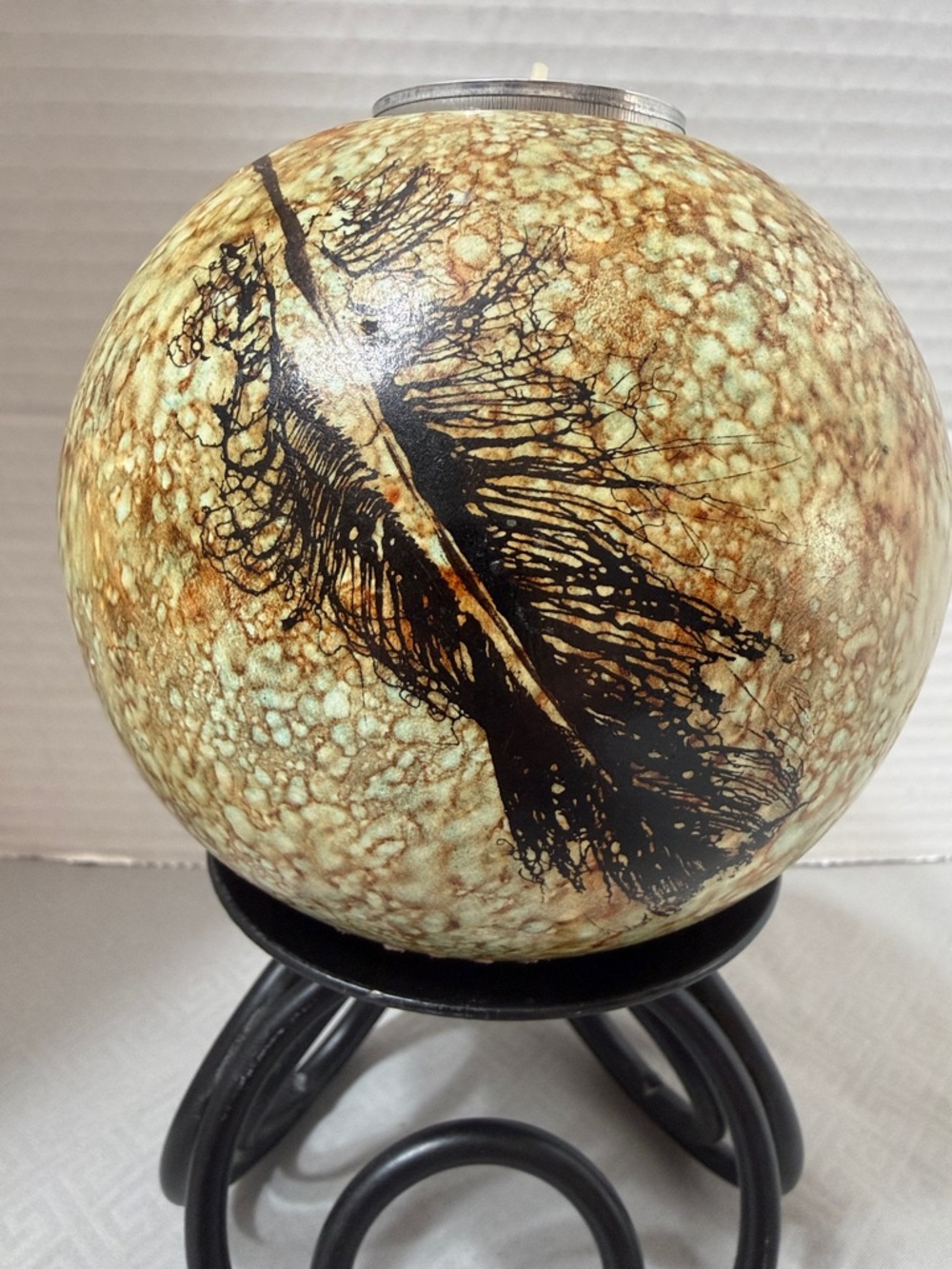 Handmade Decorative Feather & Horsehair Design Raku Pottery Candleholder Signed